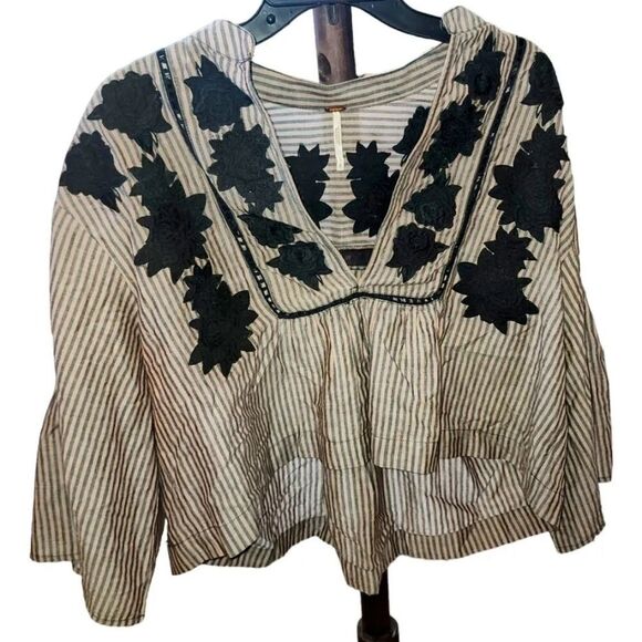 FREE PEOPLE EMBROIDERED FLORAL STRIPED BOHO PEASANT CROPPED BLOUSE TOP S SMALL - Picture 4 of 5
